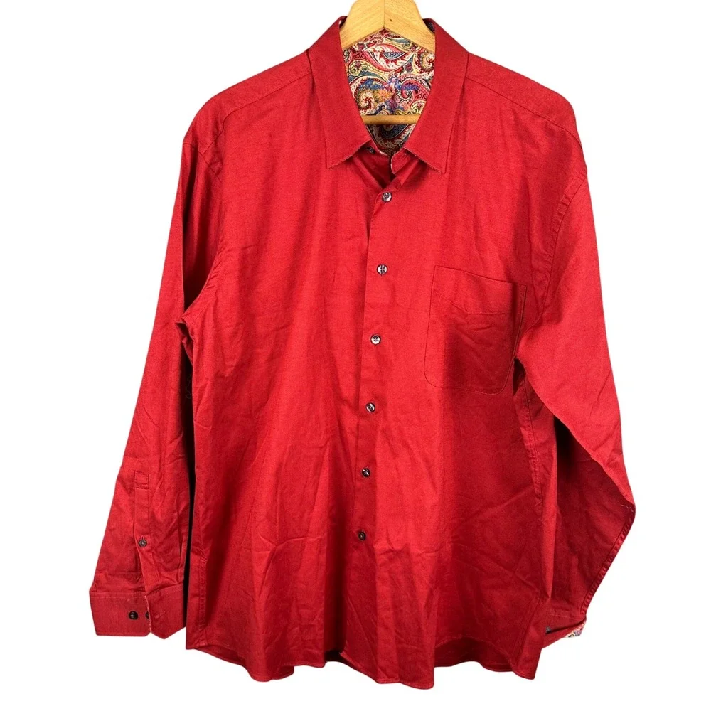 Alan Flusser Mens Red Button Down Shirt Paisley Trim Accents Long Sleeve Large
